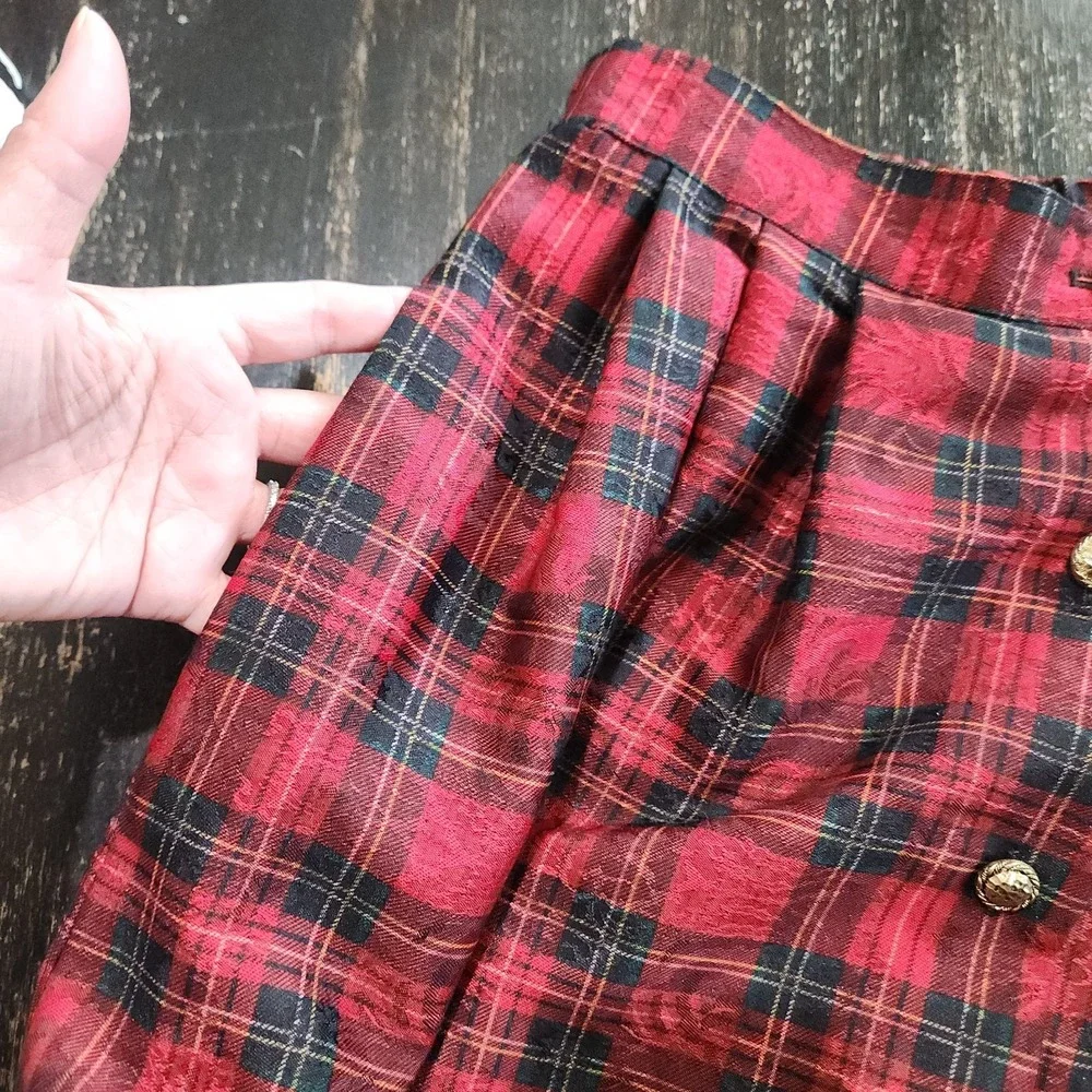 Vintage 80s Red Plaid Midi Pocket Skirt S/M 25